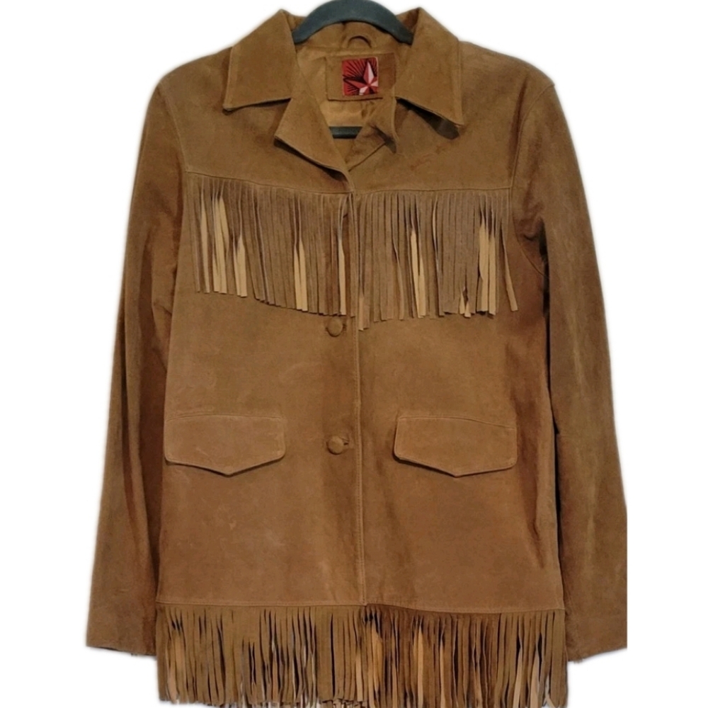 Vintage 90's Red Star Marlboro Man Fringe Leather Jacket Wild Bill Easy Rider